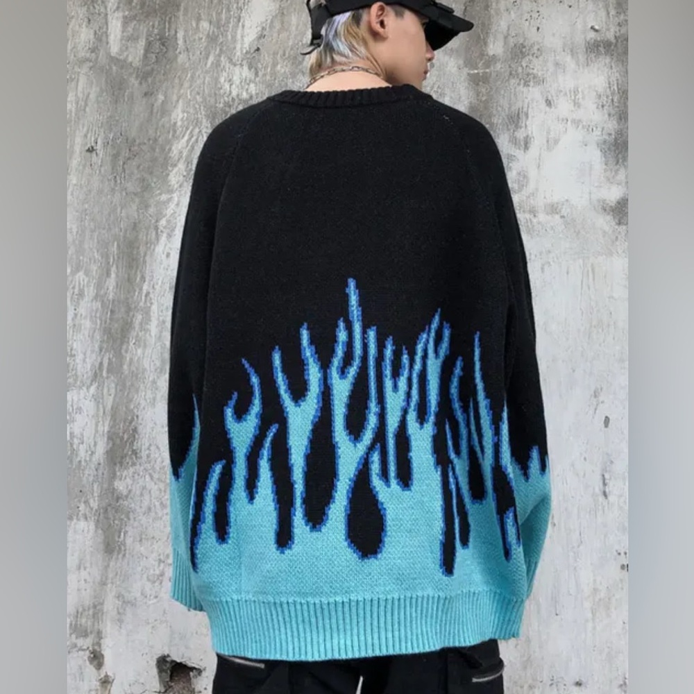 TIDE CARD LOG Flame Fire Sweater Blue‎ Black Hip Hop Knitted Streetwear Goth